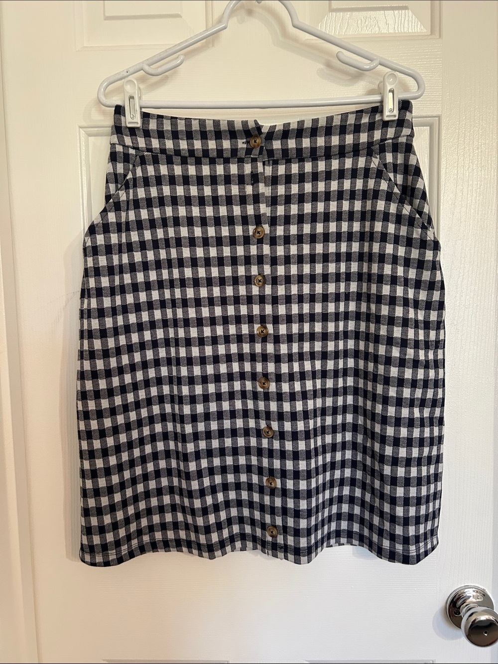 High-Waist Navy Blue and White Gingham Button-Front Skirt